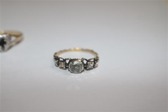 A 19th century gold, silver and rose cut diamond ring and three 9ct rings.